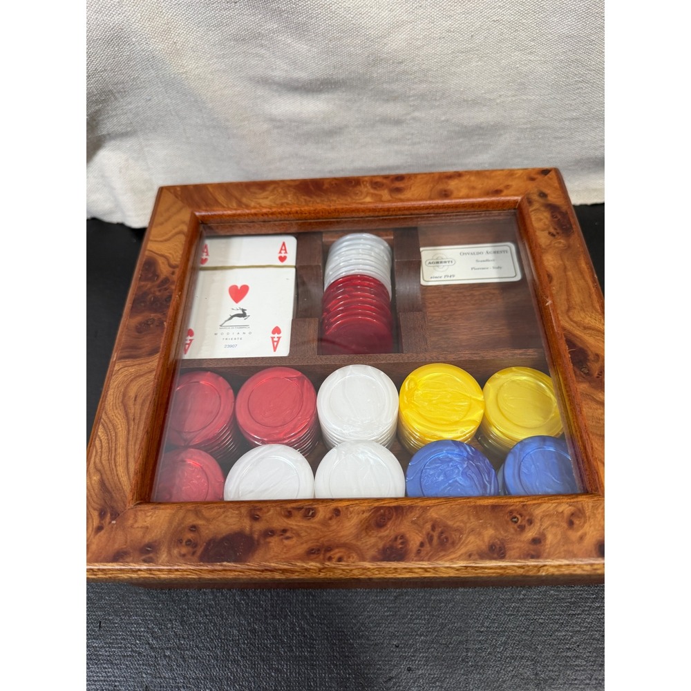 Agresti Poker Set‎ Brown Luxury Italian Burl Wood Glass Top Game Box